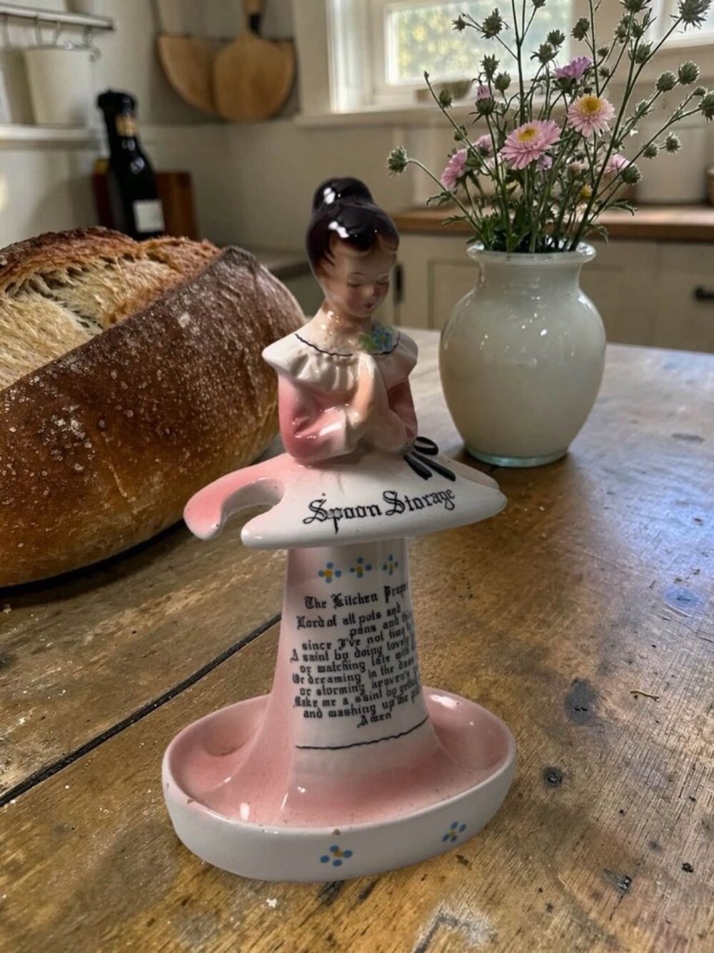 Vintage Enesco Japan Kitchen Prayer Lady Spoon Storage Holder Pink 1950s 60s